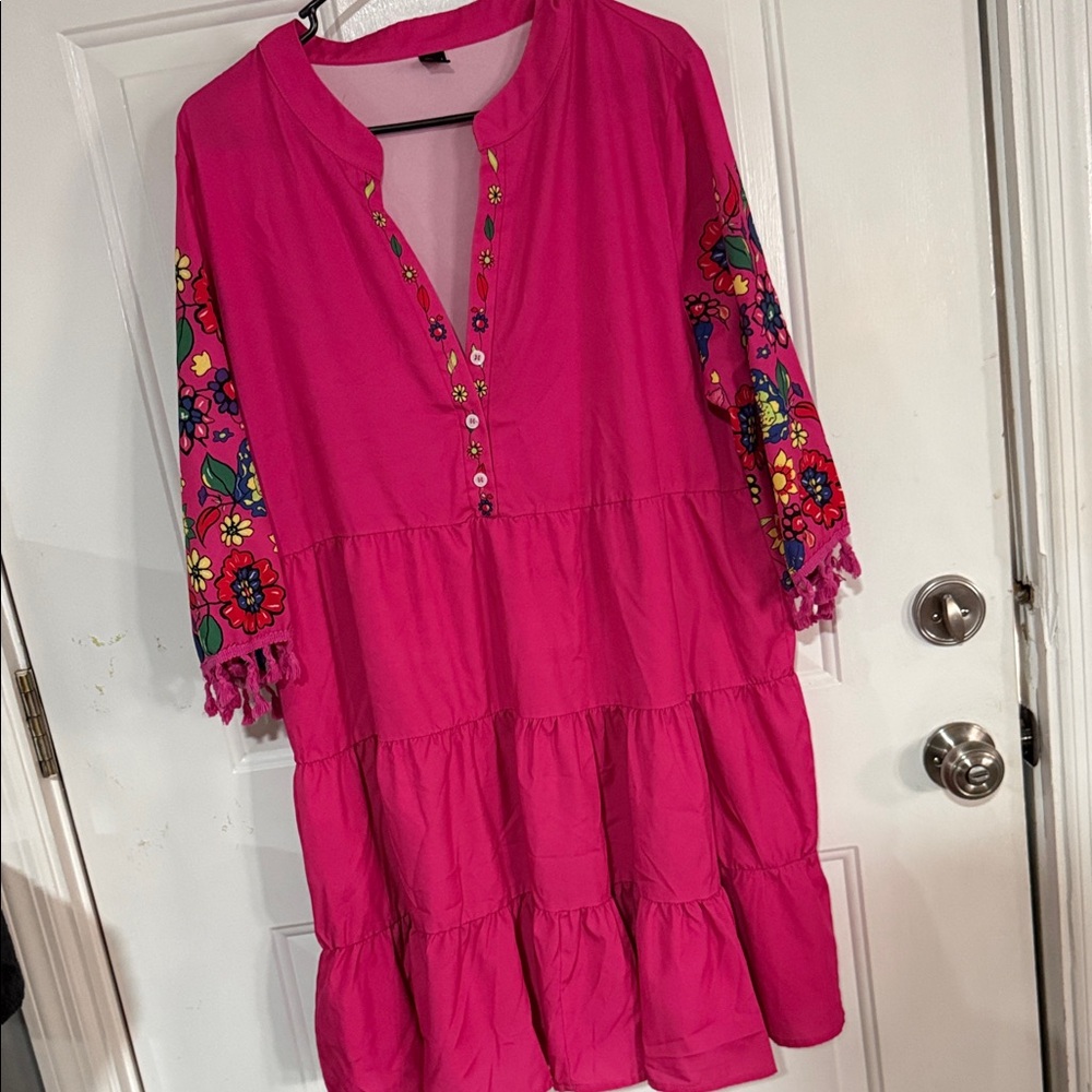 SHEIN Pink Floral Embroidered Midi Dress